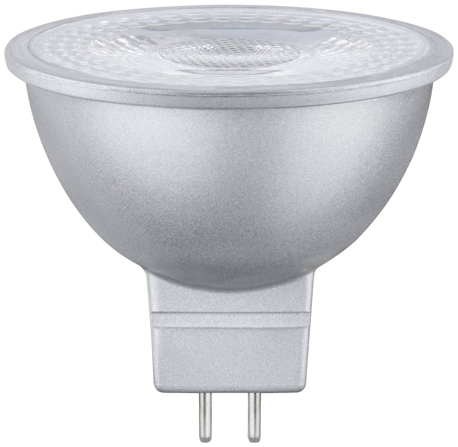 Eine silberne LED-Reflektorlampe mit GU10-Sockel, seitlich abgebildet. Ideal für gezielte Beleuchtung in verschiedenen Innenräumen.