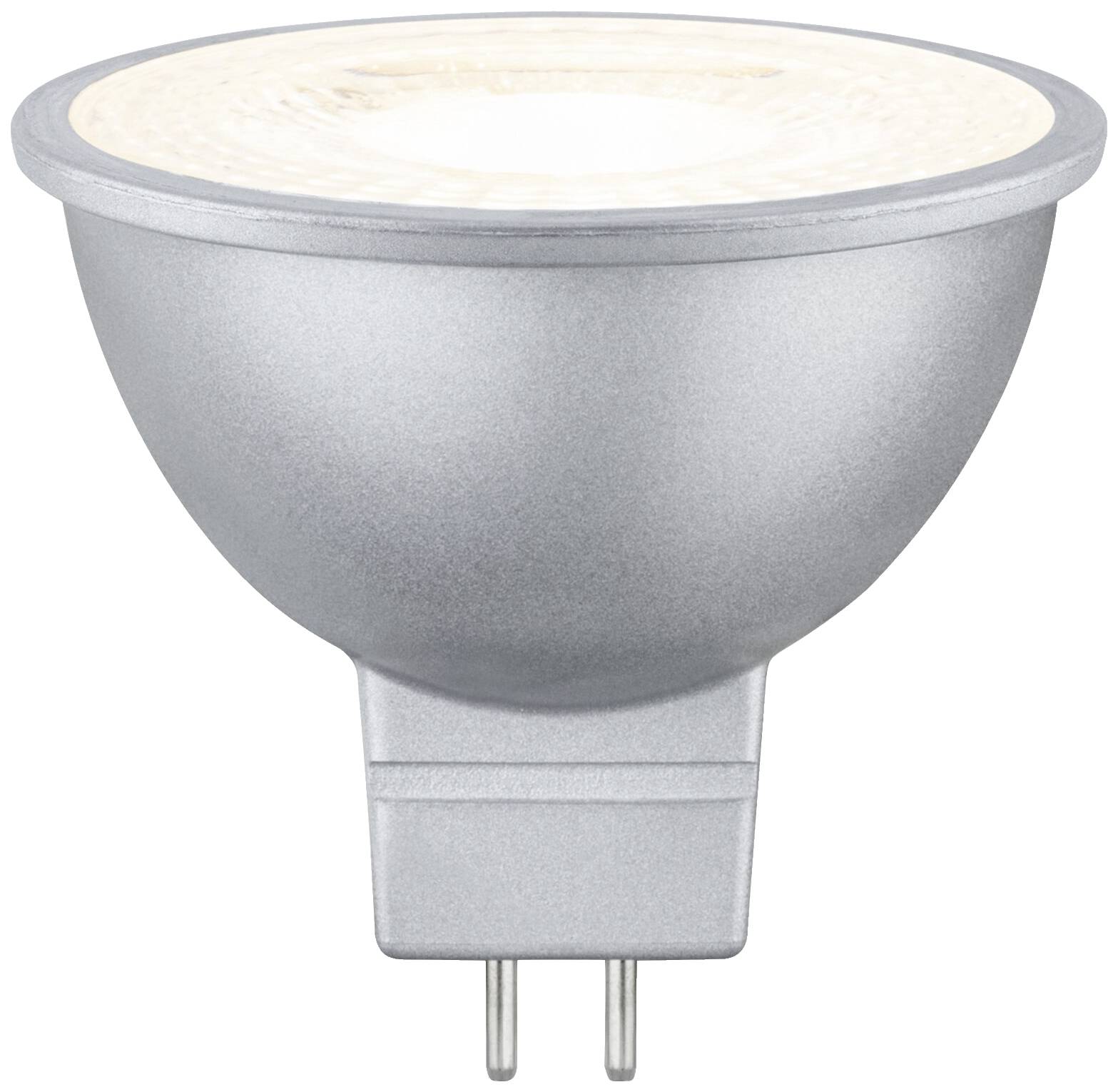 Silberfarbene LED-Spotlampe mit GU10-Sockel, geeignet für Deckenleuchten und Strahler, Energieeffizienzklasse A+.