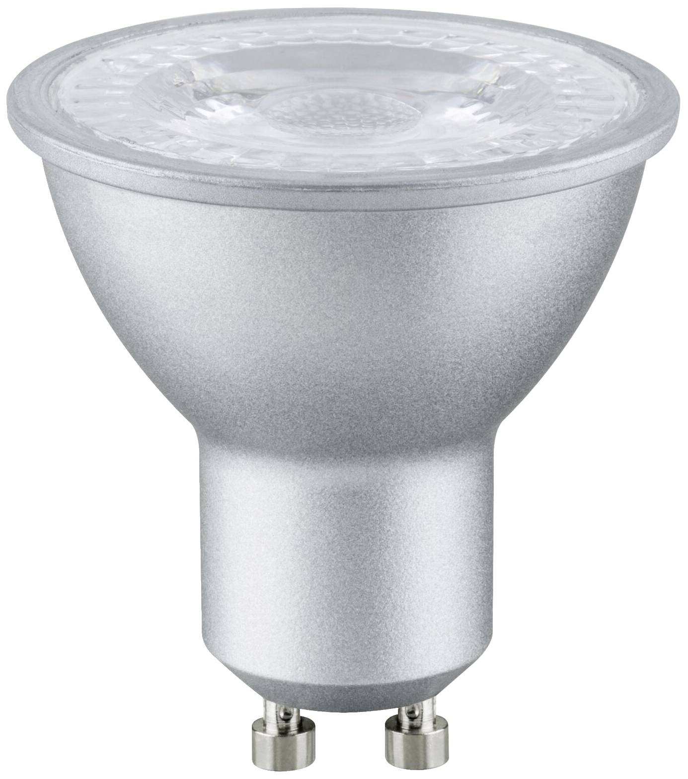 LED-Glühlampe mit GU10-Sockel, silbernes Gehäuse, transparente Abdeckung oben. Geeignet für energieeffiziente Beleuchtung.