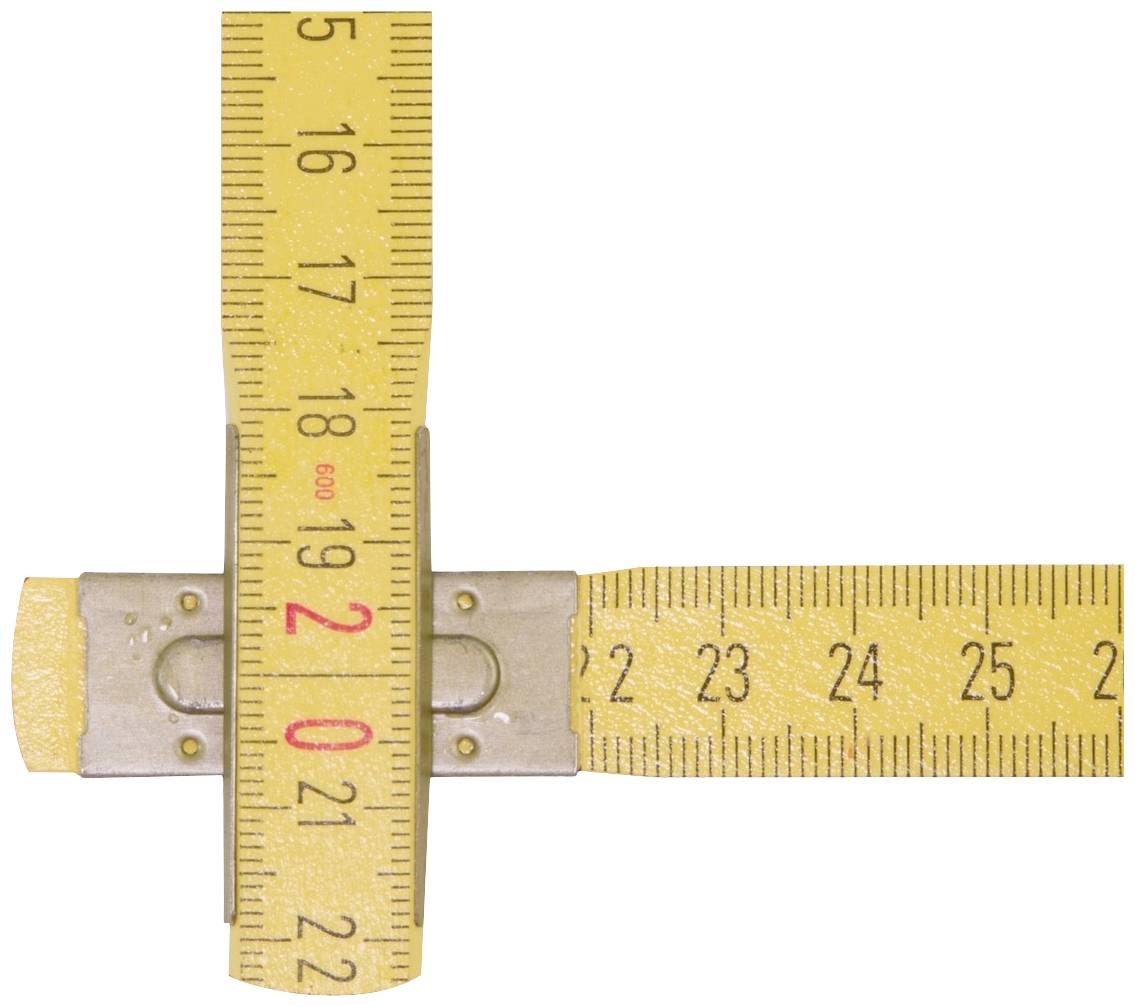Zwei gelbe Maßbänder, kreuzförmig angeordnet. Das vertikale Band zeigt bis 20 cm, das horizontale bis 25 cm.