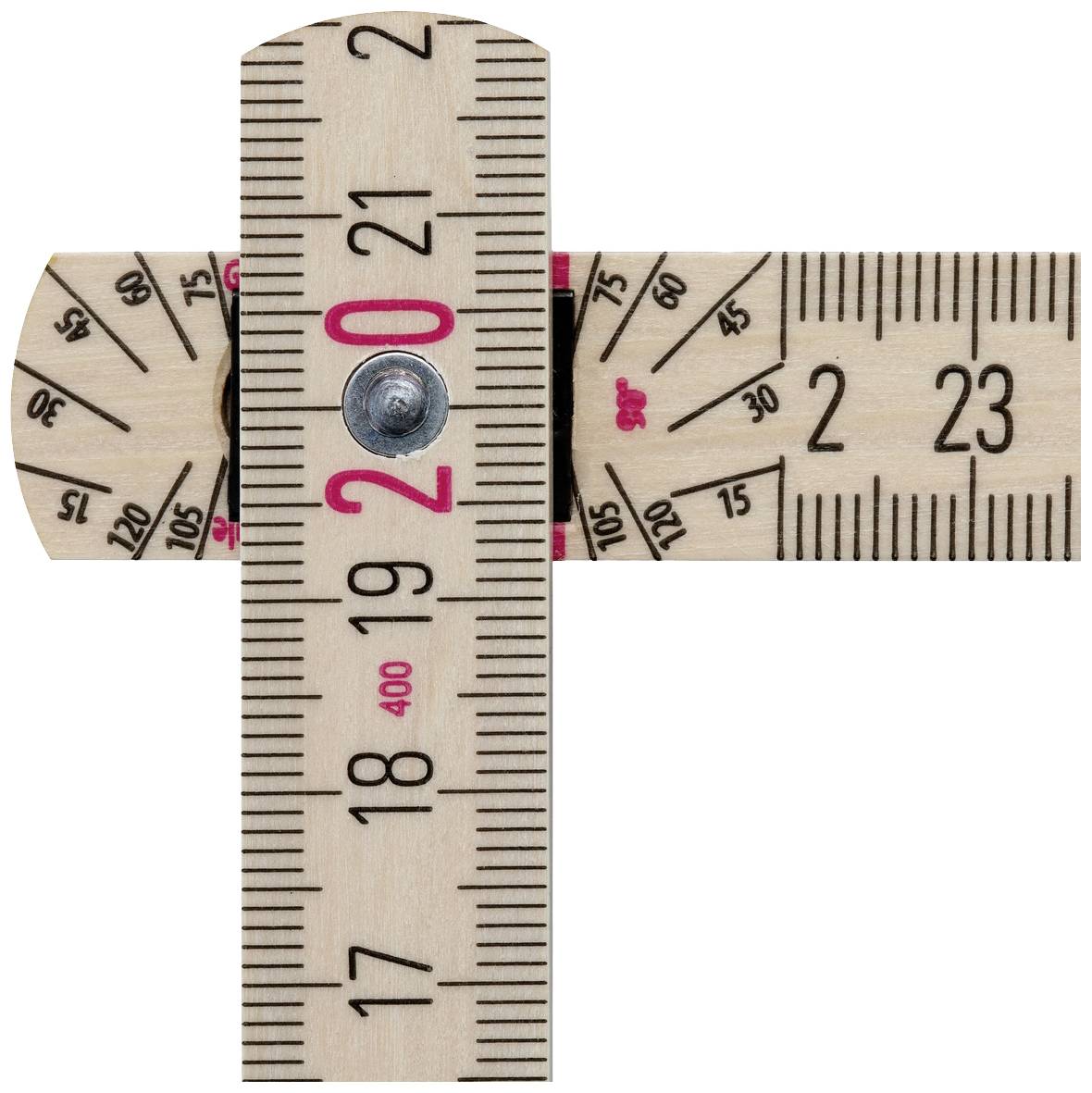 Ein Holzwinkelmesser zeigt Winkelmessungen von 0 bis 180 Grad und Längen in Zentimetern. Eine Schraube fixiert die Mitte.