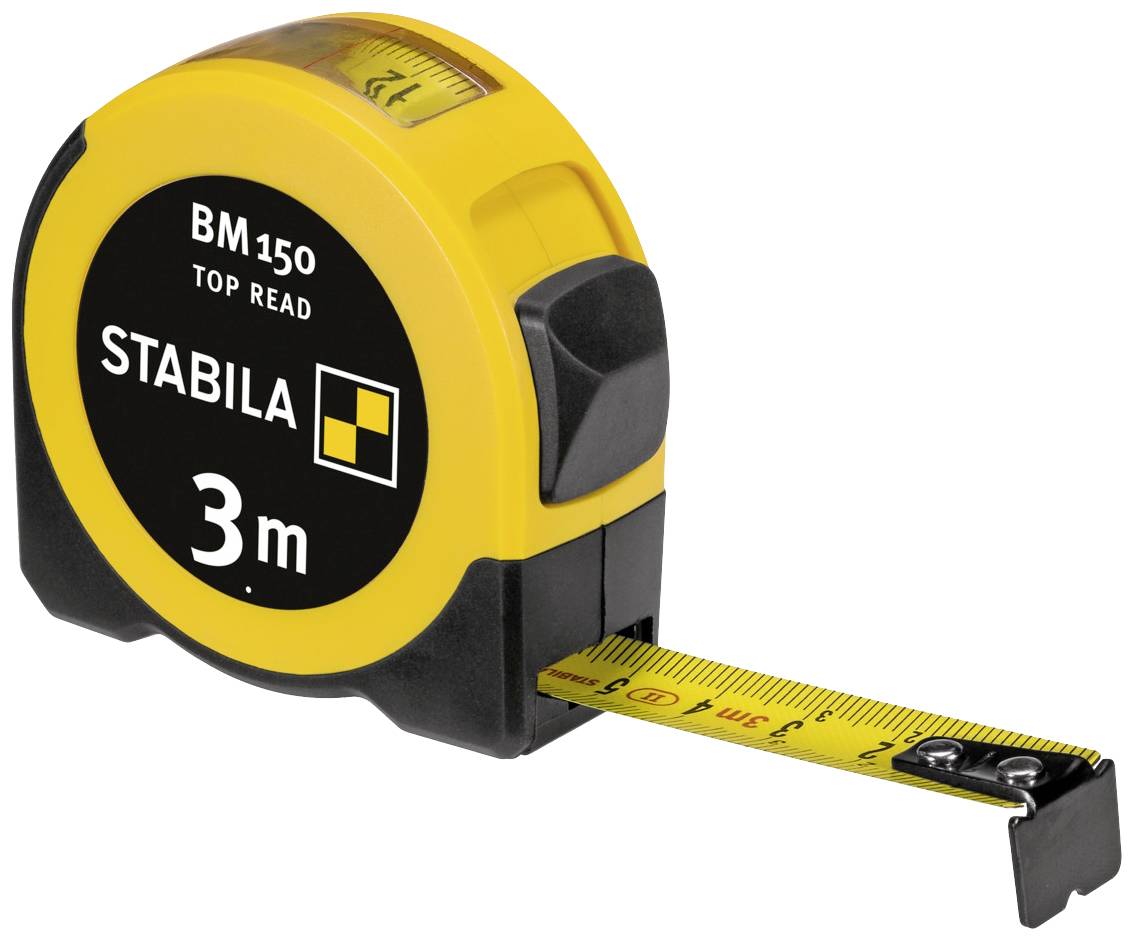 Gelbes Maßband 'Stabila BM 150' mit schwarzem Etikett, zeigt 3 m Länge.