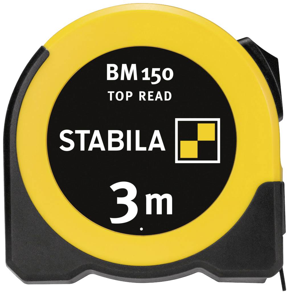 Gelbes Maßband mit schwarzem Gehäuse und der Aufschrift 'STABILA BM 150 TOP READ 3 m'.