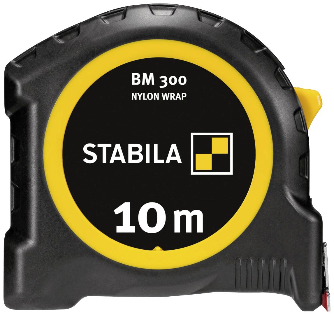 Schwarz-gelbes Maßband 'STABILA BM 300', Länge 10 m, mit Nylonummantelung.