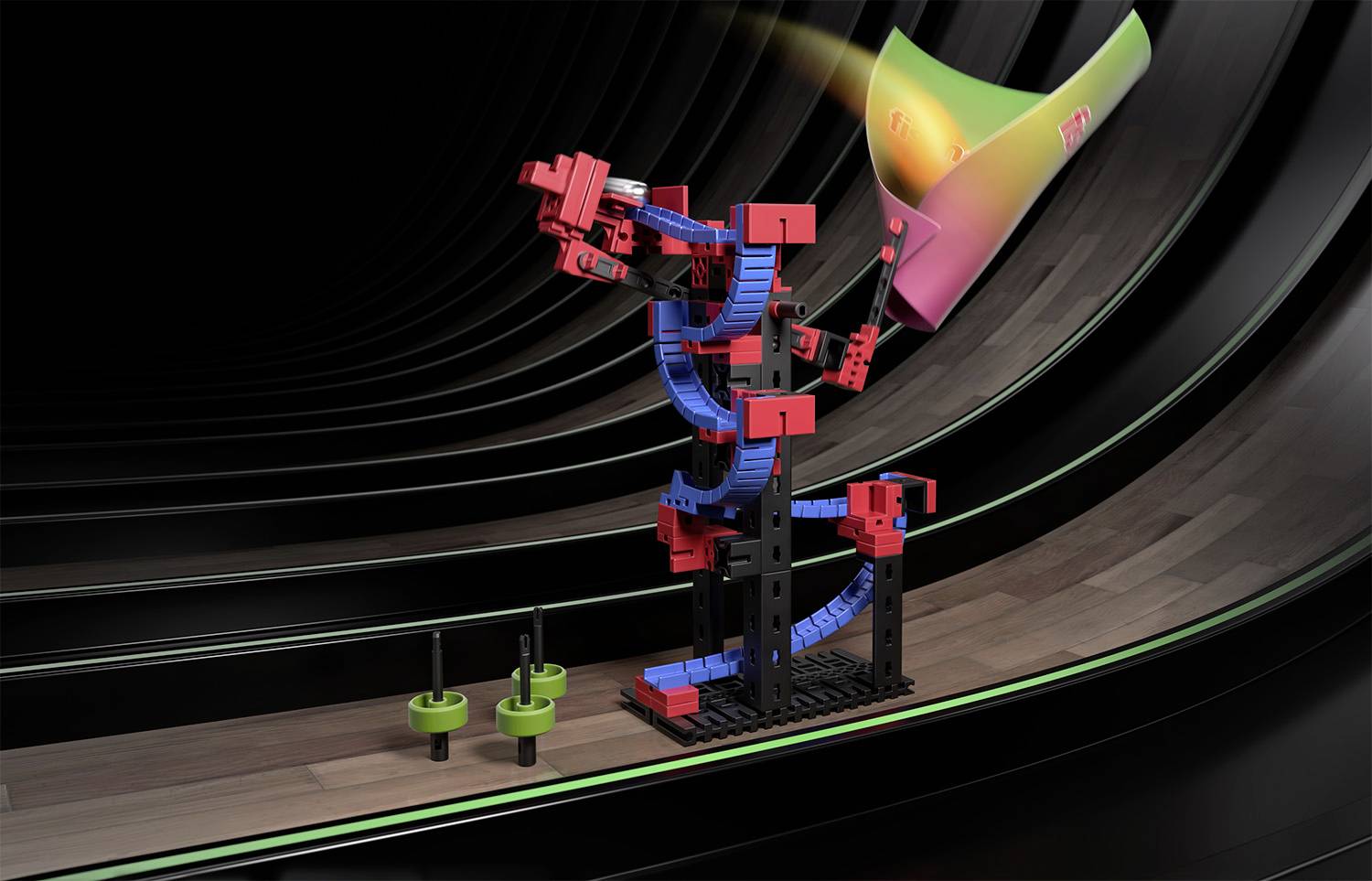 Farbiger Roboterarm interagiert mit digitaler 3D-Grafik in einem futuristischen Raum; symbolisiert technologische Innovationen.