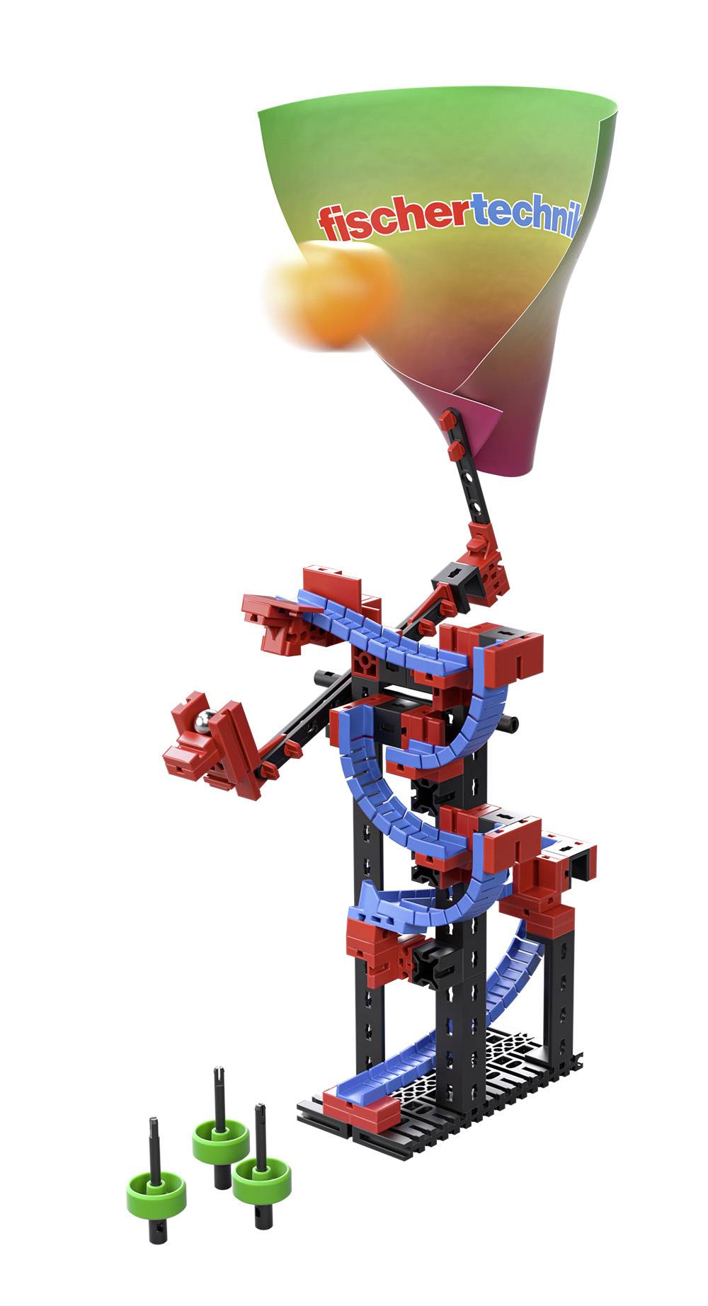 Ein fischertechnik-Bausatz mit buntem Trichter und mechanischem Aufbau, der eine Kugel nach oben befördert.
