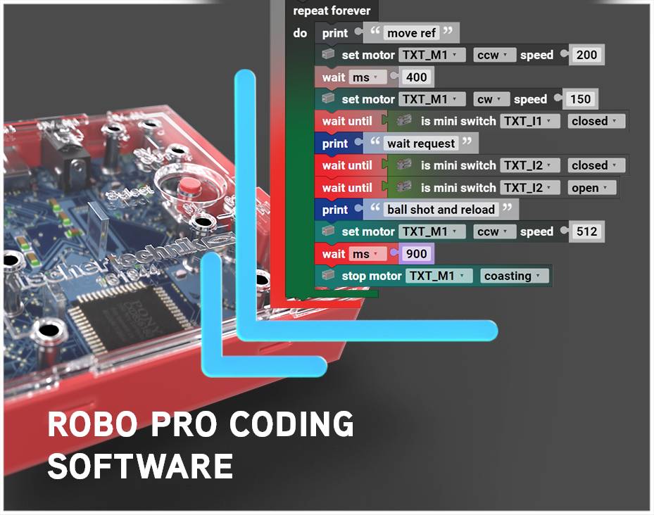 'ROBO PRO Coding Software' zeigt eine visuelle Programmierschnittstelle zur Steuerung eines Motors mit Schaltbedingungen und Geschwindigkeitsanpassungen.