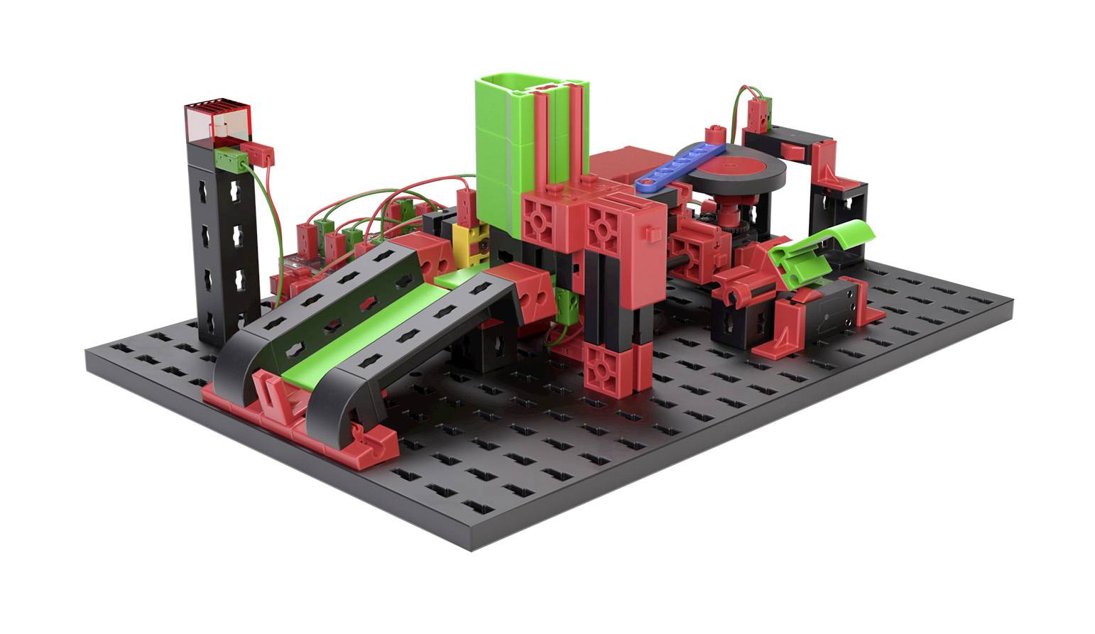 Bausatzmodell eines Fabriksystems aus Konstruktionsspielzeug, bestehend aus roten und grünen Bauteilen und schwarzen Verbindungen.