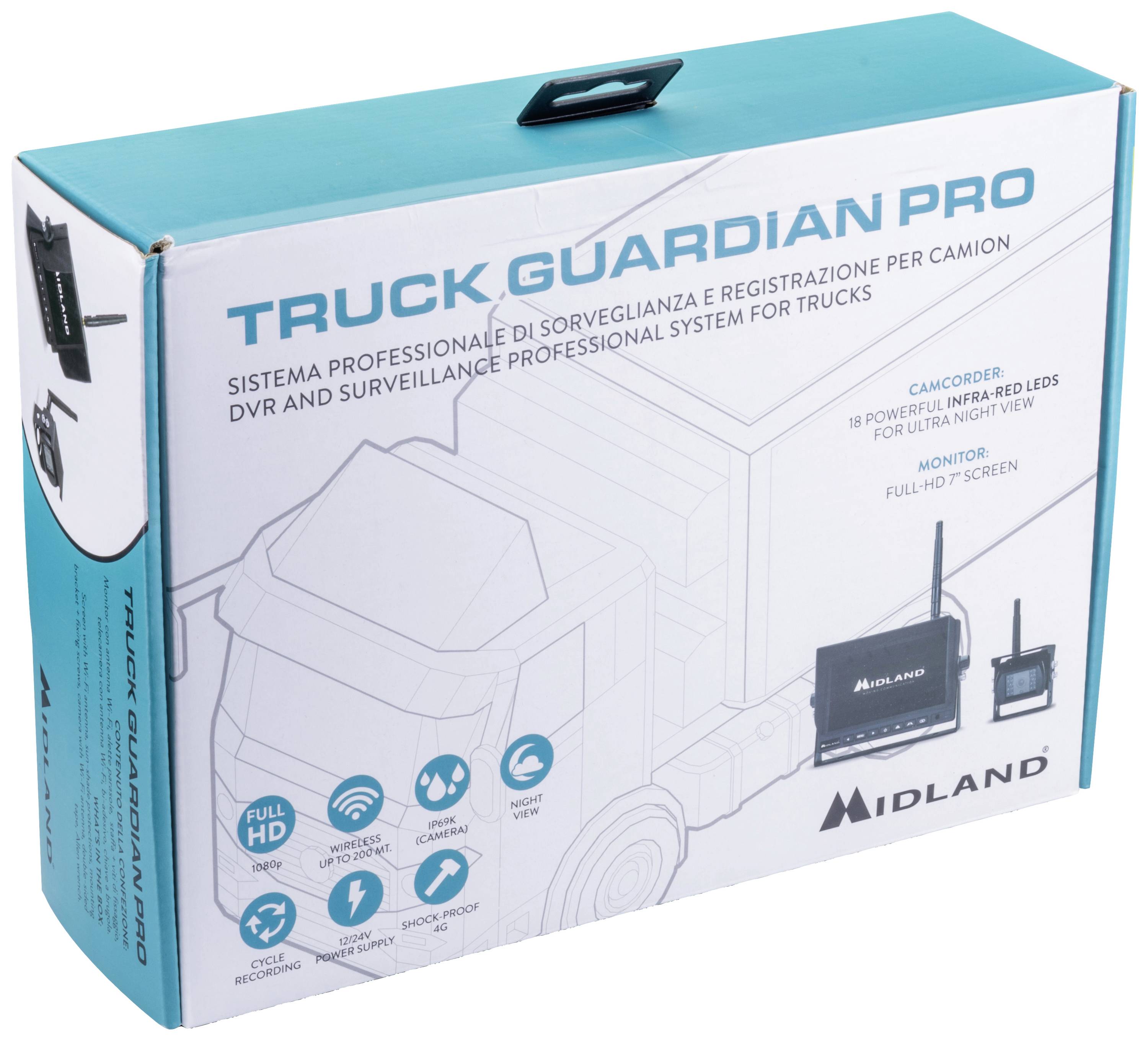 Midland Truck Guardian PRO Funk-Rückfahrvideosystem 4 Kamera-Eingänge, Abstandshilfslinien, IR-Zusatzlicht, integriertes Mikrofon