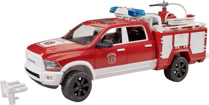 Feuerwehr-Spielzeugauto in Rot und Weiß mit blauen Lichtern auf dem Dach und einem Schlauch.