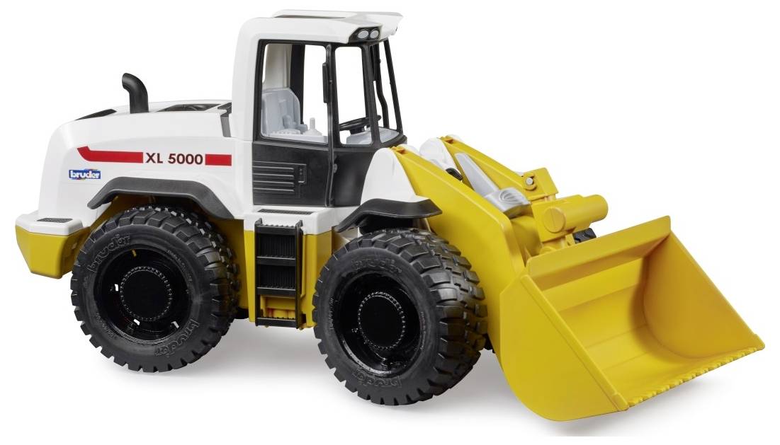 Ein Spielzeugmodell eines Frontladers mit einer weißen Kabine und einem gelben Löffel, beschriftet mit 'XL 5000', zum Spielen oder als Deko gedacht.