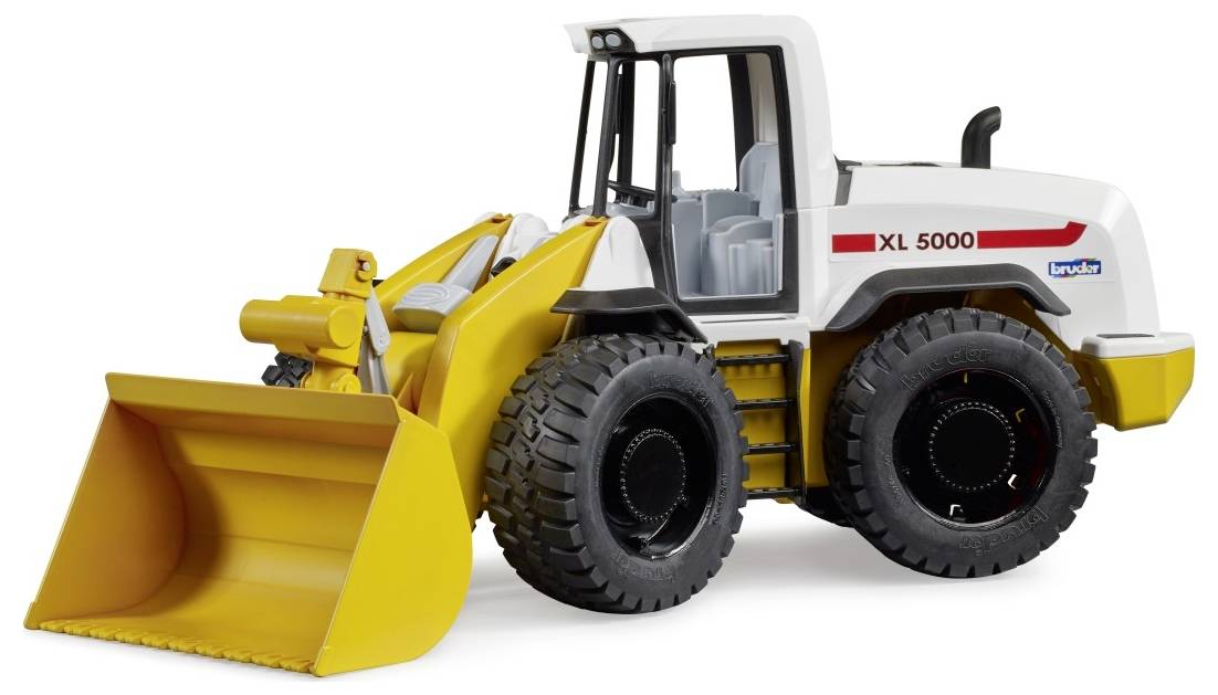 Ein gelb-weißer Kompaktlader mit der Bezeichnung "XL 5000", ausgestattet mit großen Reifen und einem Frontlöffel.