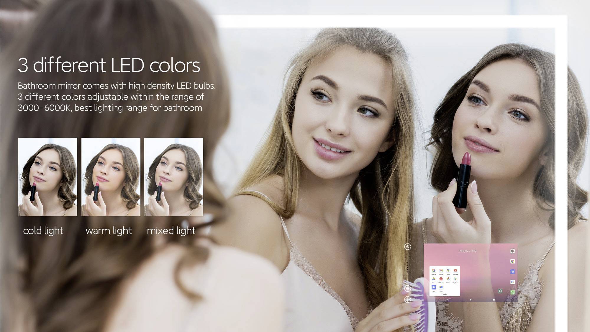 Raysgem Smarter Badezimmerspiegel EEK: B (A - G) Integrierte Android™ Tablet-Funktion, 25,4cm (10,1") Touch-Display, Google