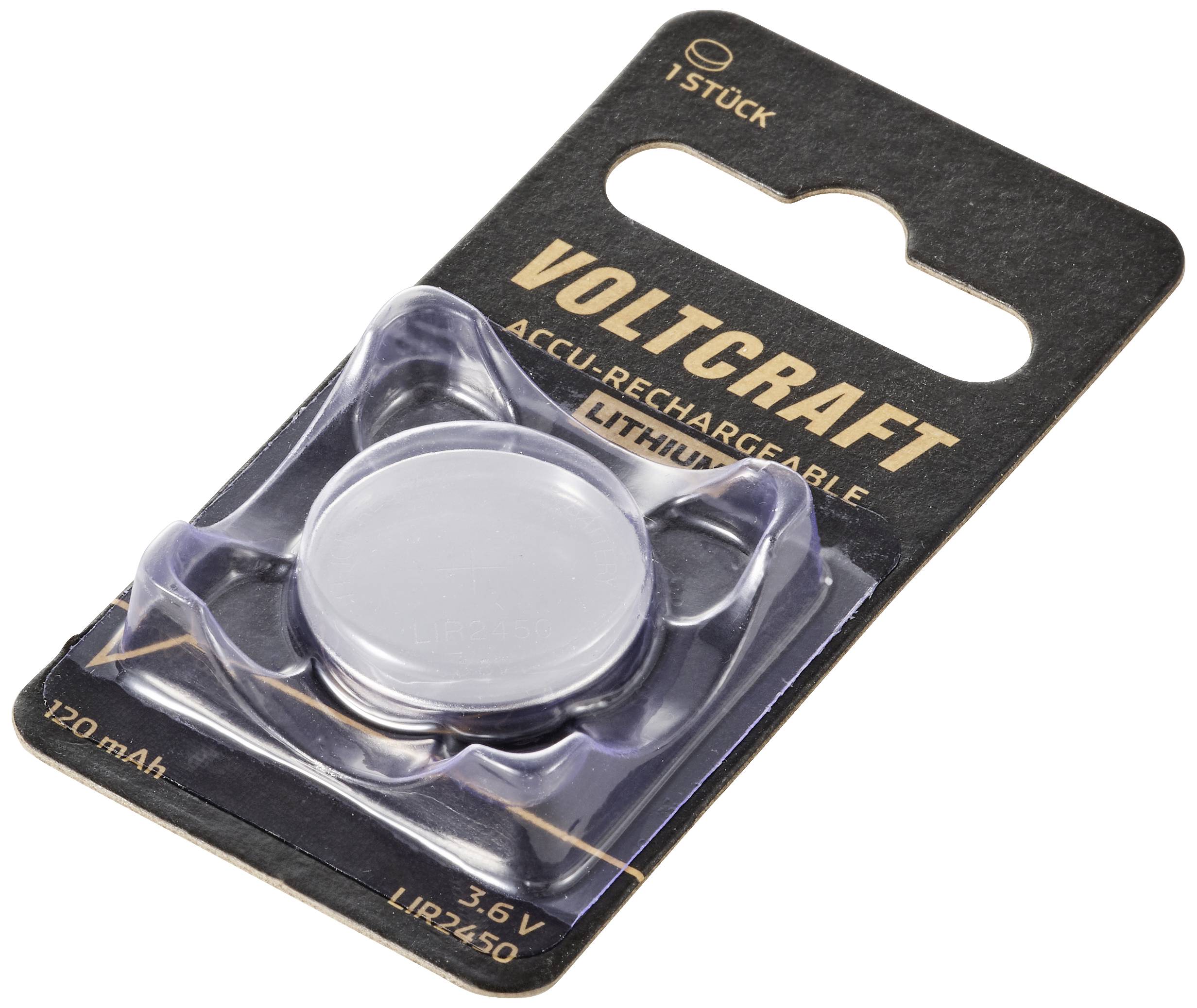 Eine einzelne Lithium-Knopfzelle in Plastikverpackung, markiert mit 'Voltcraft', 3,6V, 120mAh, wiederaufladbar.