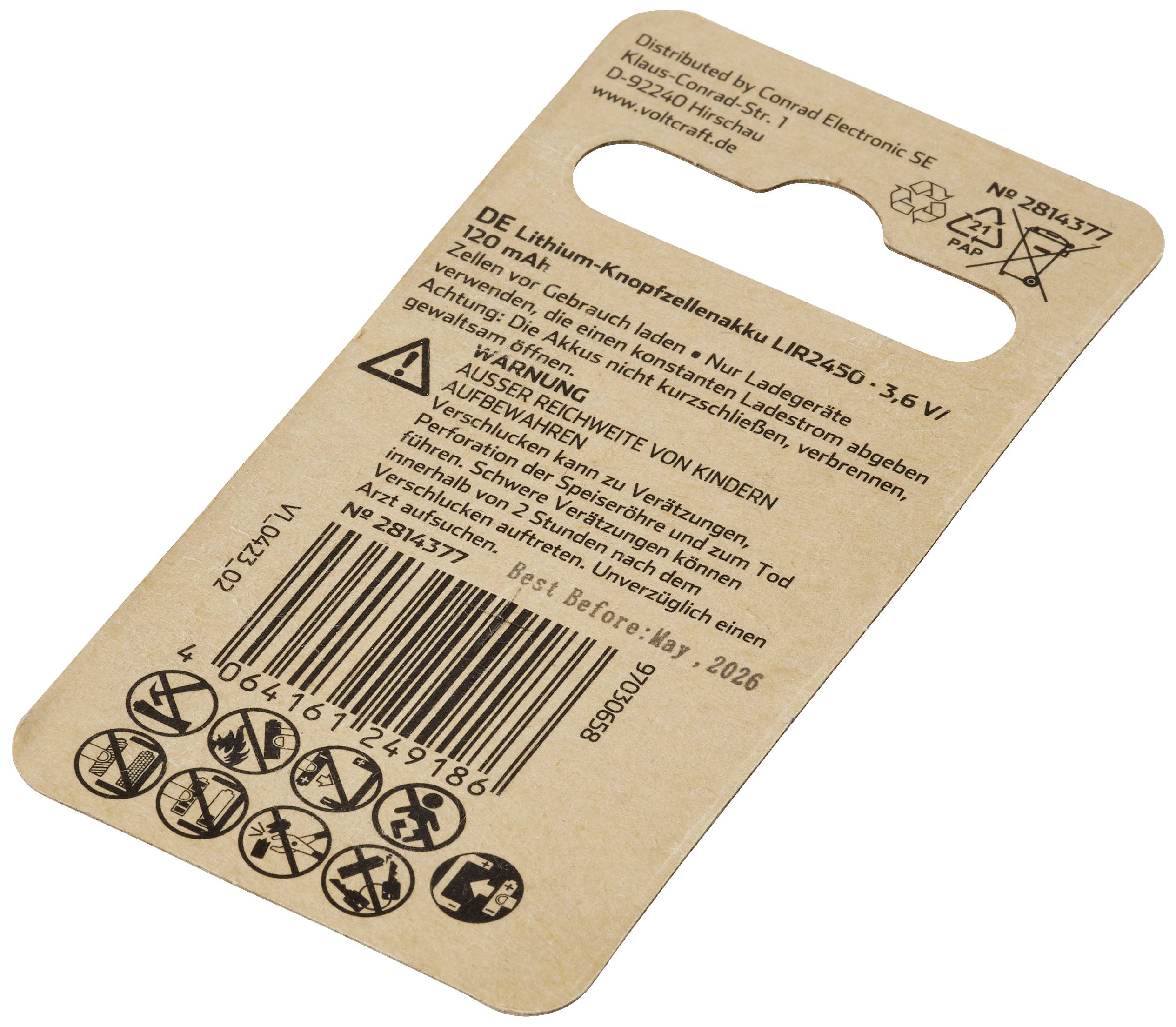 Lithium-Knopfzellenakku LIR2450 – 3,6 V, 120 mAh. Warnhinweise: Von Kindern fernhalten. Nicht schlucken. Entsorgungshinweise beachten. Informationen zur Lagerung und Nutzung enthalten.