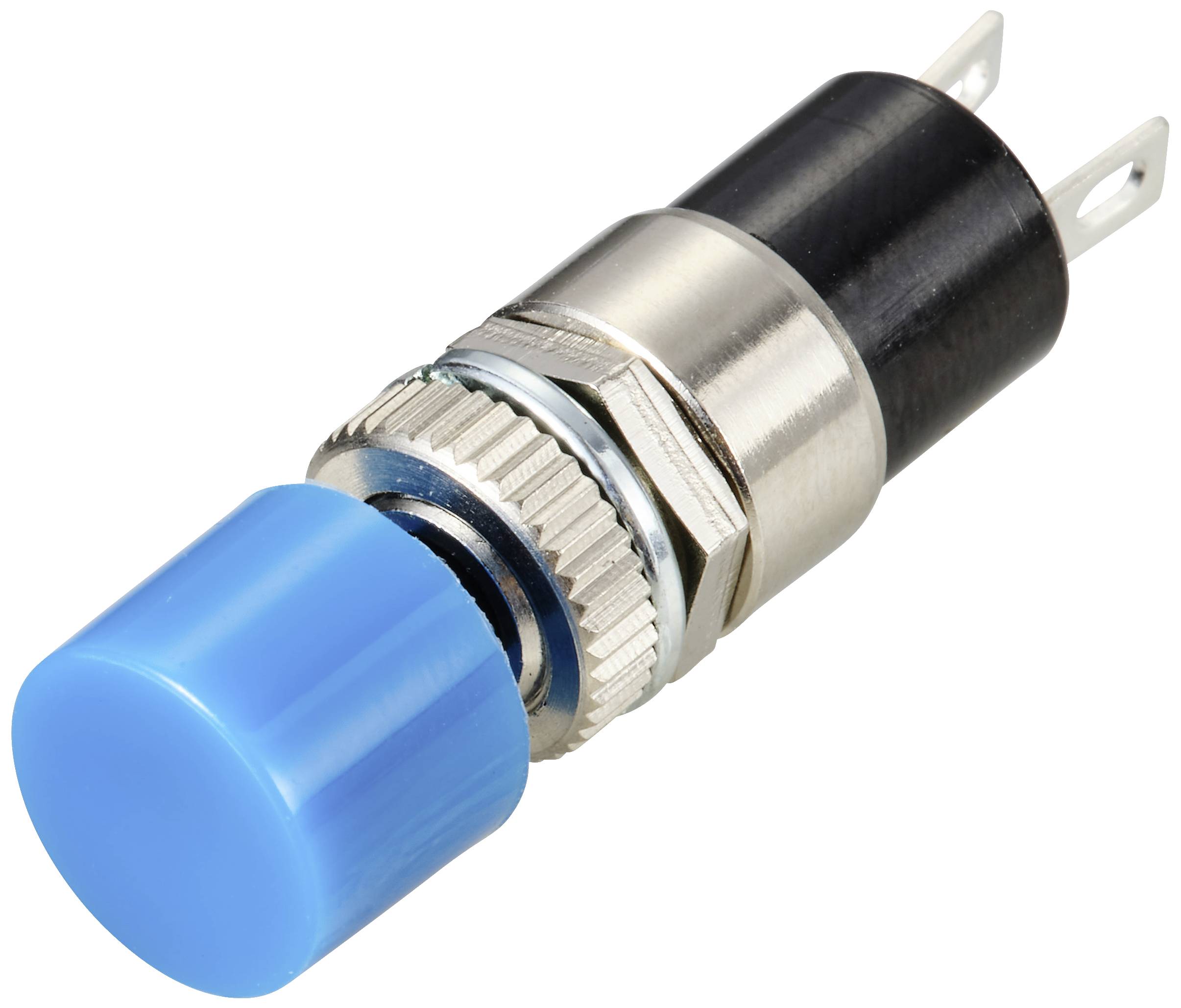 Ein blauer Druckknopf mit Metallgehäuse und zwei Anschlussklemmen, geeignet für elektronische Schaltungen oder Geräte.