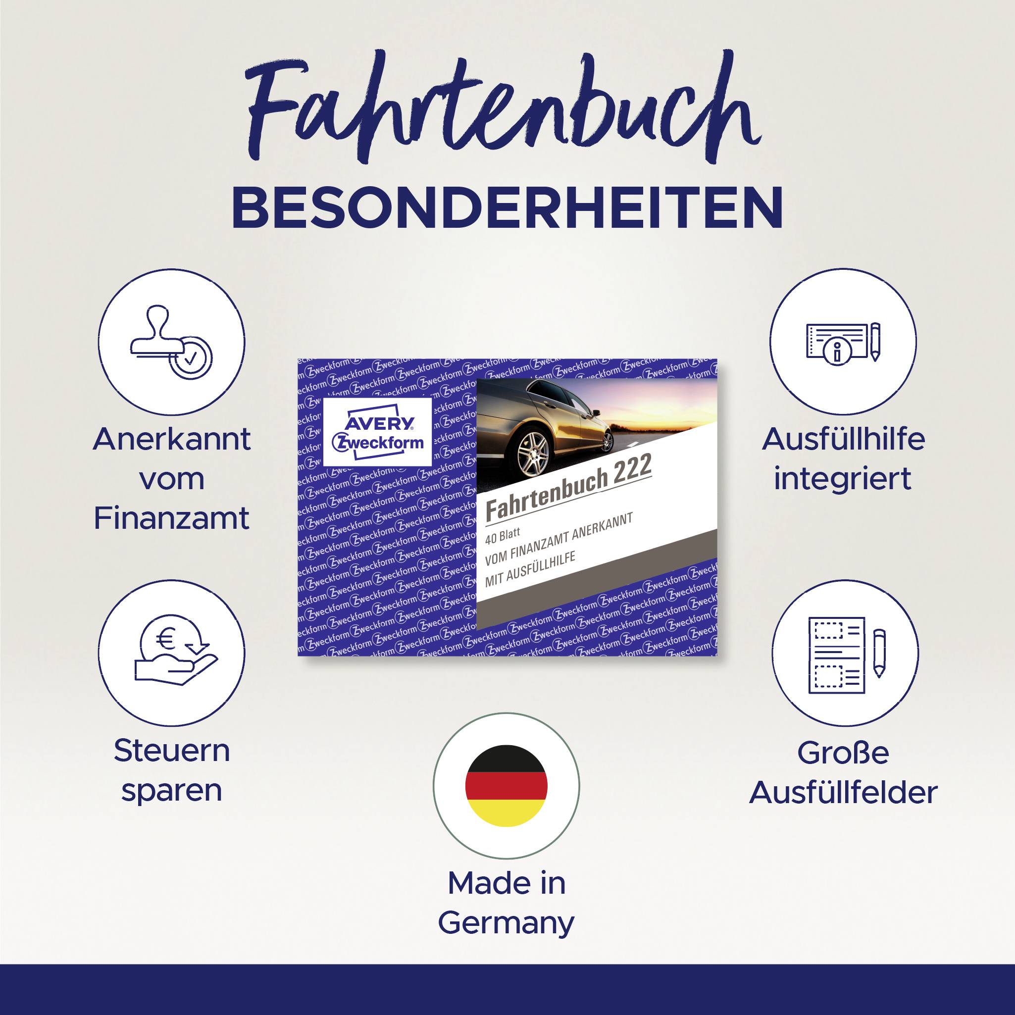 'Fahrtenbuch Besonderheiten' in blauer Schrift. Enthält Symbole: Finanzamt, Ausfüllhilfe, Steuern sparen, Made in Germany.