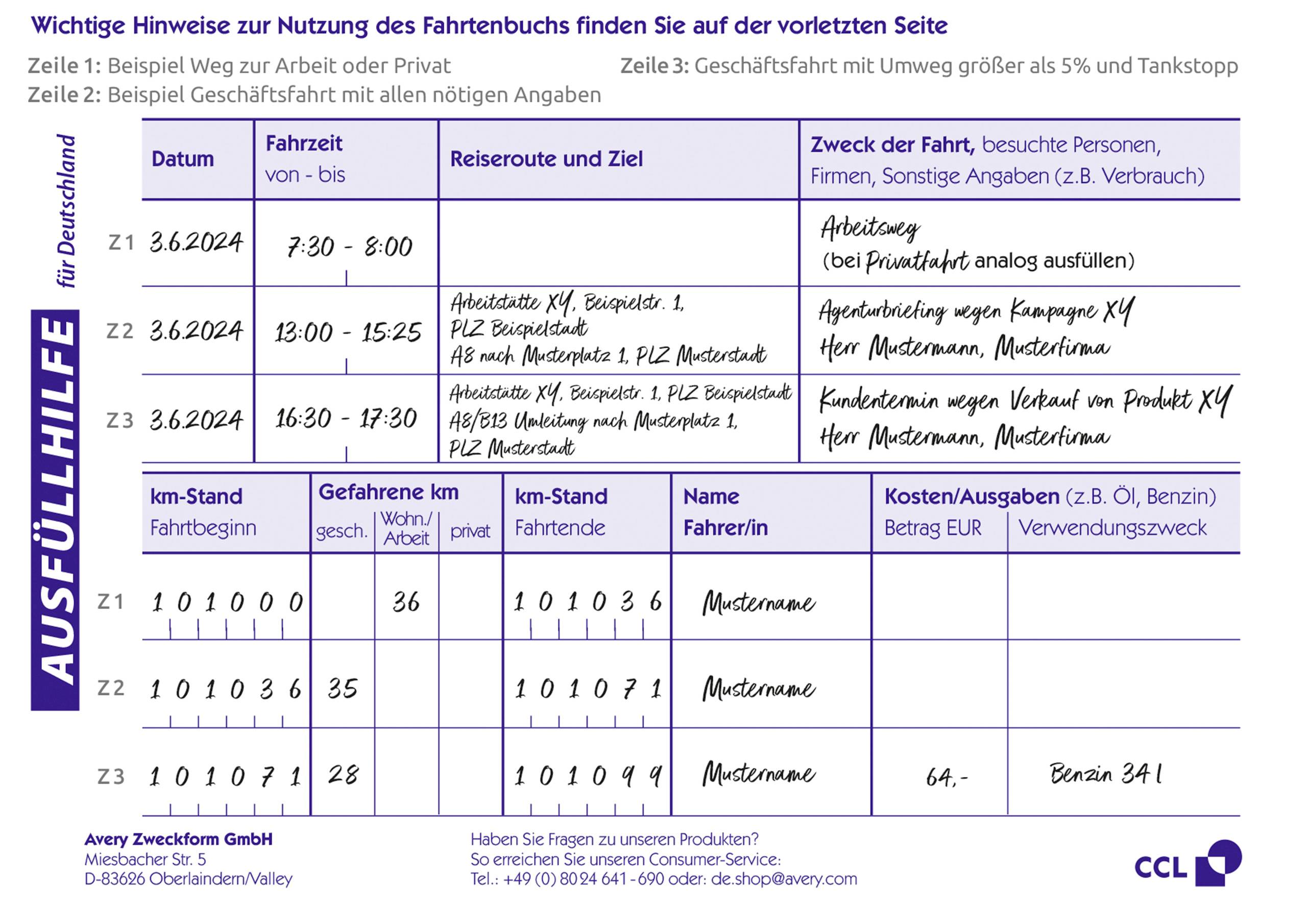 'Fahrtenbuch für Deutschland' mit Tabelle für Datum, Kilometerstand, Reiseroute, Zweck der Fahrt, Entfernung, Zeit, Kosten und Besonderheiten. Enthält Beispielwanderungen und Berechnungen.