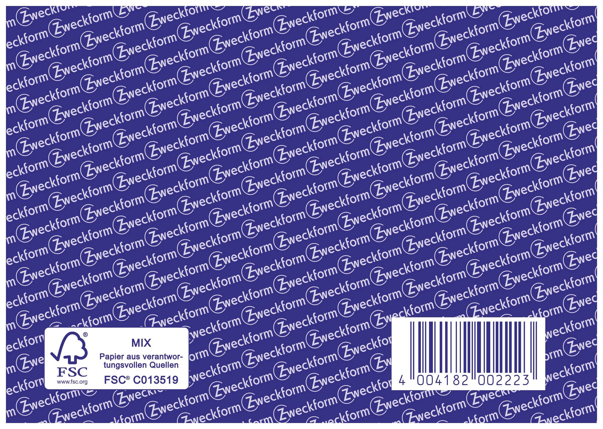 Etikett mit blauem Hintergrund und weißem 'Zweckform'-Muster. Enthält FSC-Logo, Barcode und Text: 'Papier aus verantwortungsvollen Quellen'.