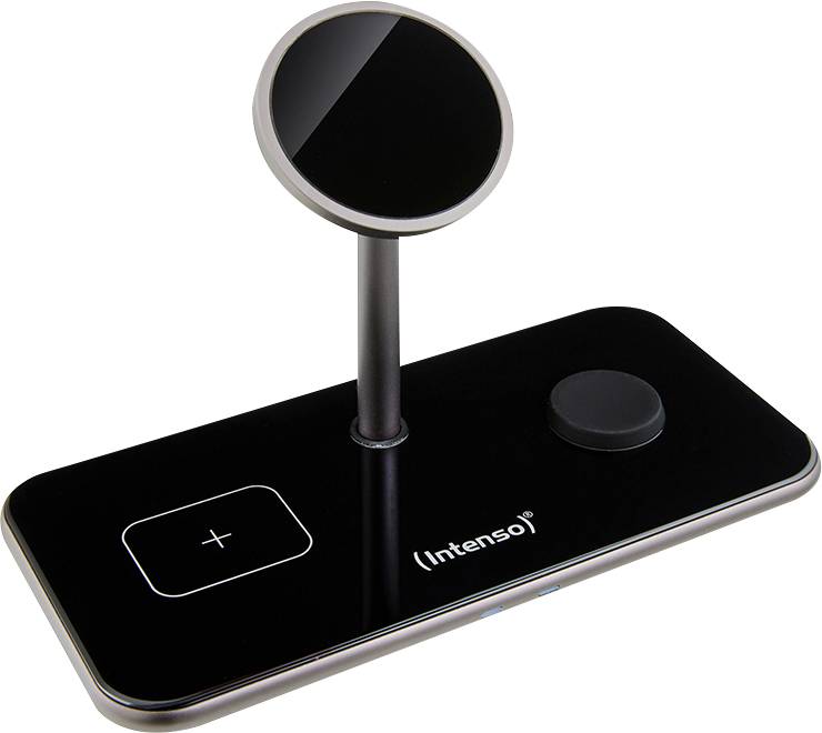 Eine elegante schwarze kabellose Ladestation mit vertikalem Ständer zum Aufladen mehrerer Geräte, einschließlich eines Smartphones und einer Smartwatch.