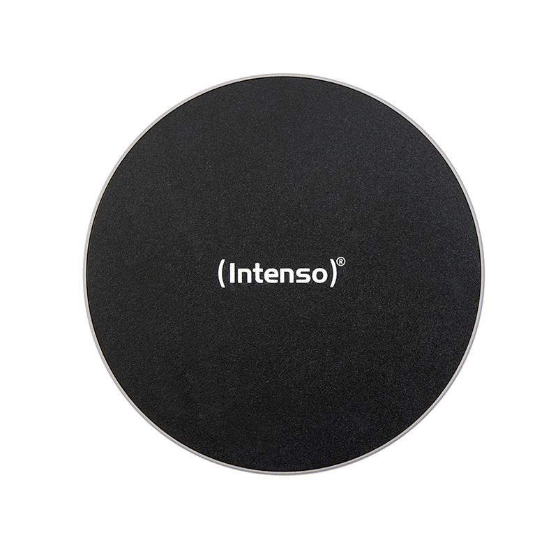 Schwarzer runder kabelloser Ladepad von Intenso aus der Vogelperspektive, mit weißem Markenlogo in der Mitte.