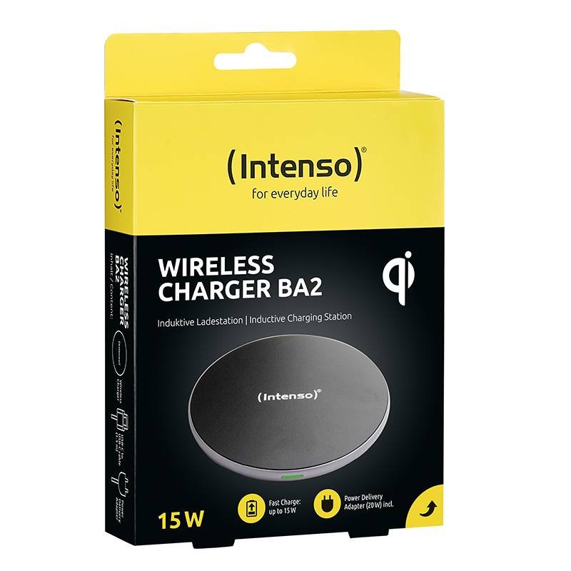 Kabelloses Ladegerät von Intenso, Modell 'Wireless Charger BA2', mit 15 W Leistung. Verpackung zeigt Ladegerät und Qi-Logo.
