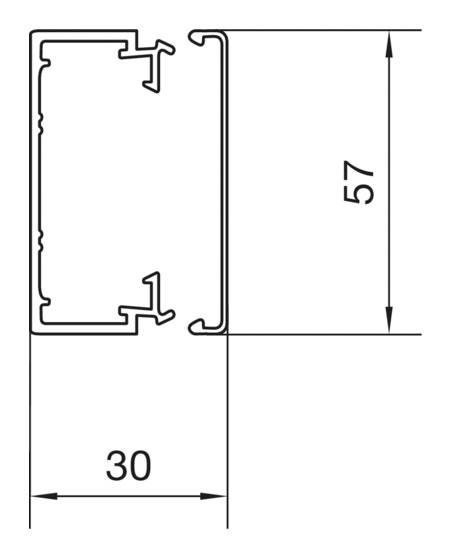 Technische Zeichnung eines Profils im Querschnitt. Das Profil ist 57 mm hoch und 30 mm breit, zeigt Details der Struktur.