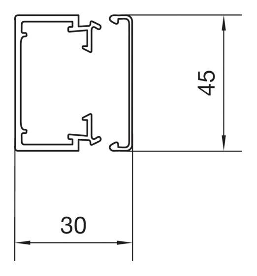 Technische Zeichnung eines rechteckigen Profils, 45 mm hoch und 30 mm breit. Zeigt Querschnittsansicht mit detaillierten Kanten.
