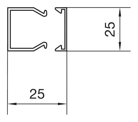 Technische Zeichnung eines Profils mit zwei Abschnitten. Beide Abschnitte sind quadratisch mit den Maßen 25 mm x 25 mm.