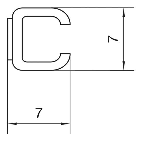 Technische Zeichnung eines C-förmigen Objekts mit Längenangaben: Horizontale und vertikale Länge jeweils '7' Einheiten.