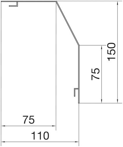 Technische Zeichnung eines rechtwinkligen Profils mit Abmessungen: Bodenlänge 110 mm, Höhe 150 mm, vertikale Länge 75 mm.
