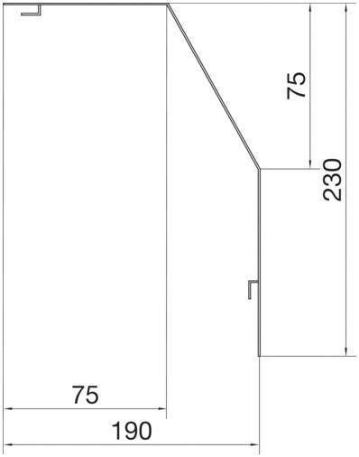 Technische Zeichnung eines Metallprofils mit Maßen: Höhe 230, Breite 190, obere Breite 75, vertikale und horizontale Abschnitte markiert.