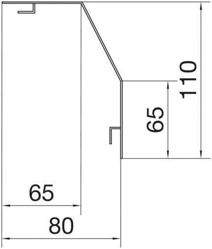 Technische Zeichnung eines Profils mit Abmessungen: 80 mm Breite unten, 65 mm Höhe links, abgewinkelte Kante mit 65 mm Höhe und 110 mm Höhe rechts.