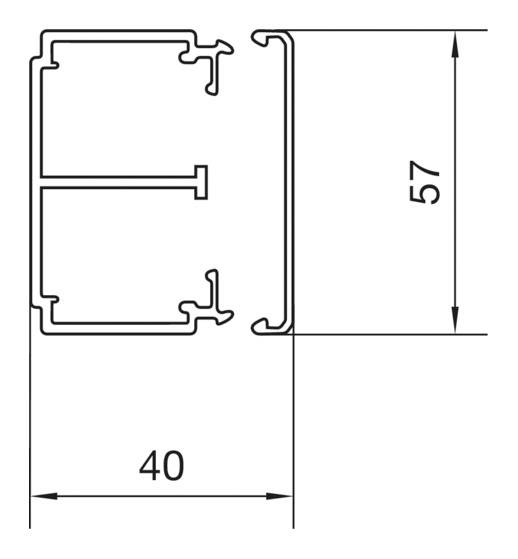 Technische Zeichnung eines Profils mit den Abmessungen: Breite 40 mm, Höhe 57 mm. Quer- und Seitenansicht mit Detailansicht der Struktur.