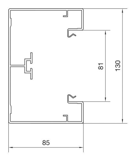 Technische Zeichnung eines Profils mit rechteckigem Querschnitt. Maße zeigen Breite von 85 mm und Höhe von 130 mm. Innenhöhe ist 81 mm.