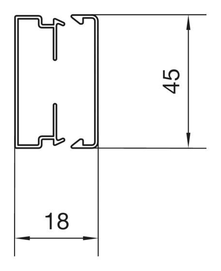 Querschnittszeichnung eines metallischen Profils. Zwei horizontale Linien bilden H-Form. Maße: Höhe 45 mm, Breite 18 mm.