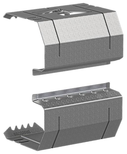 Metallclip-Set zur Befestigung, bestehend aus zwei Teilen mit gezackten Kanten und Schraubenlöchern, für modulare Montagesysteme.
