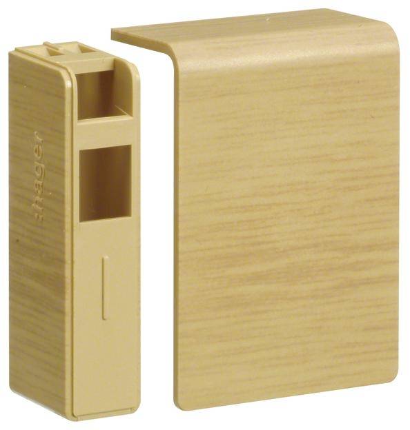 Ein rechteckiger, holzfarbener Kunststoffadapter und eine passende Abdeckplatte, die zusammen ein Kabelsystem abdecken können.