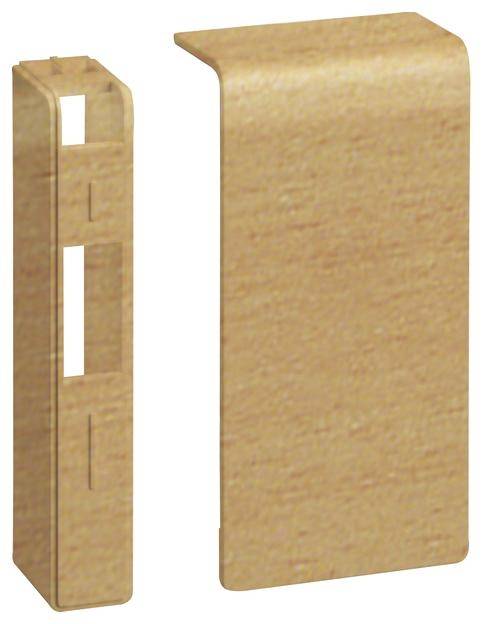 Hölzernes Bauteil in zweigeteilter Ansicht: links schmale, rechteckige Form mit Ausschnitten, rechts abgerundete, glatte Fläche.