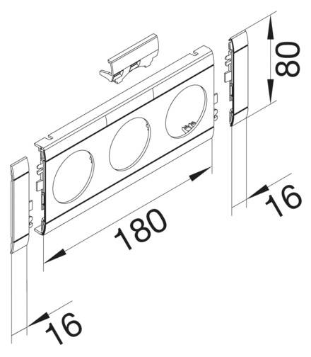 Explosionszeichnung eines dreifachen Steckdosenrahmens mit Abmessungen: Länge 180 mm, Breite 80 mm, links und rechts je 16 mm.