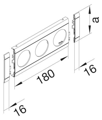 Technische Zeichnung eines dreifachen Steckdosenrahmens mit den Maßen 180 mm Länge und 16 mm Breite an den Seiten.