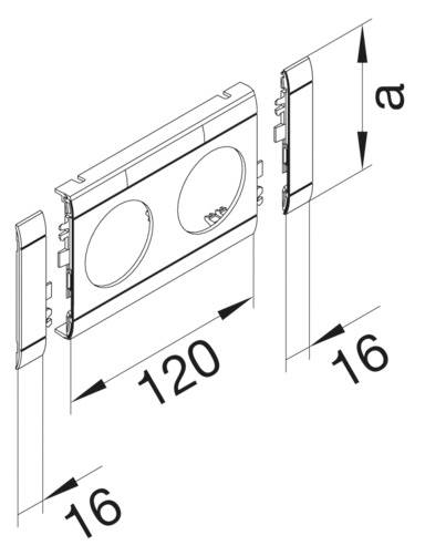 Diagramm einer elektrischen Doppelsteckdosenabdeckung mit Abmessungen: Breite 120 mm, Tiefe jeweils 16 mm links und rechts.
