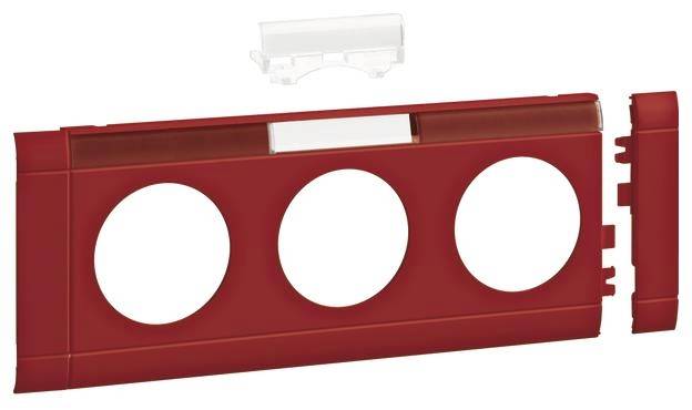 Rotes Abdeckrahmen-Kit mit drei kreisförmigen Aussparungen und abnehmbarem oberen Teil.
