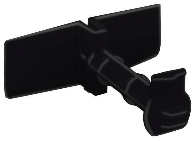 Schwarzes Kunststoffteil mit zwei flügelartigen Strukturen. Es könnte ein mechanisches oder technisches Bauteil sein.