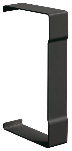 Schwarze Metallklammer, rechteckig gebogen, zur Befestigung oder Hakenanbringung. Minimalistisches Design ohne weitere Details.