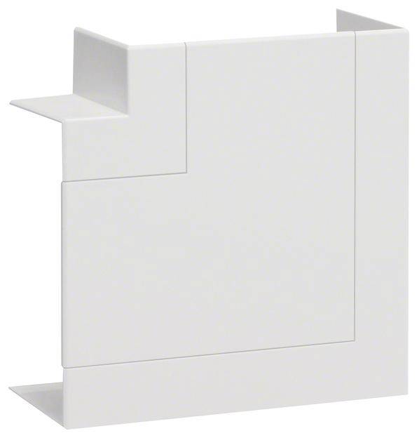 Eine weiße, geometrische Kunststoffverkleidung mit abgestuften Ecken und glatter Oberfläche, vermutlich für Kabelmanagement.