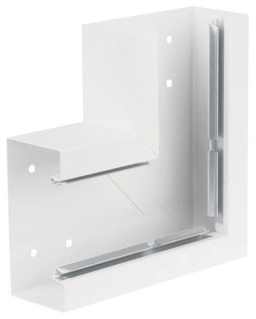 Weiße Kunststoff-Eckverbindung für Fensterrahmen mit Metalleinsätzen. Verwendet zur strukturellen Verstärkung und Stabilität.