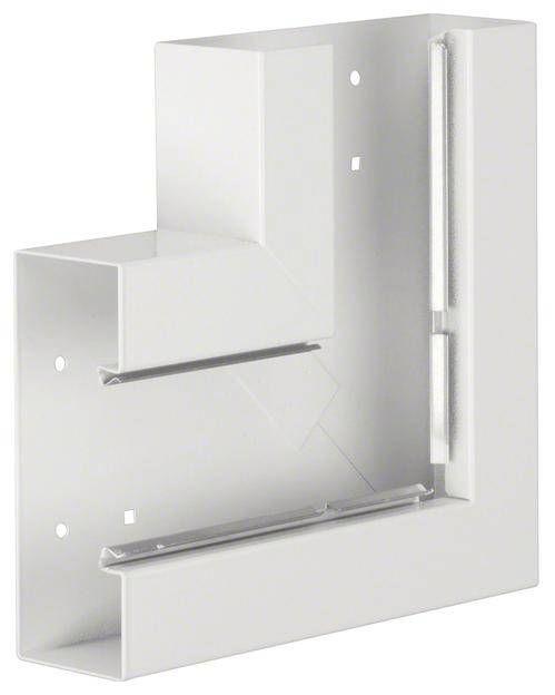 Ein weißes, eckiges Metallteil mit mehreren Öffnungen und Schlitzen, möglicherweise ein Bauteil für Konstruktionen oder Montagen.