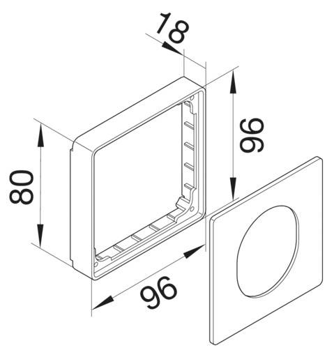 Diagramm eines quadratischen Gehäuses mit Seitenansicht und Frontplatte. Maße: 96 mm Breite, 96 mm Höhe, 80 mm Tiefe.