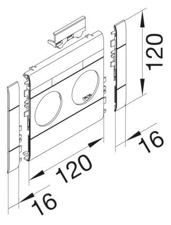 Explosionsdarstellung einer Steckdosenabdeckung mit den Maßen 120 x 120 mm.